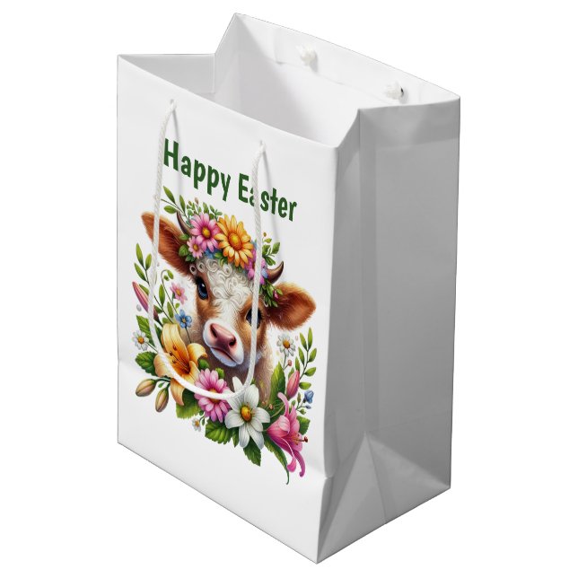 Sacola Para Presentes Média Cute Happy Easter cow customizable (Frente inclinada)