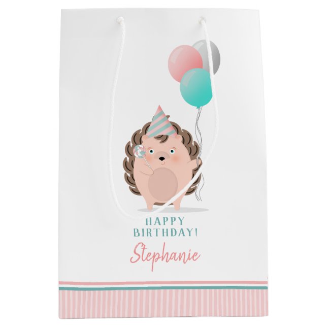 Sacola Para Presentes Média Cute Hedgehog Birthday (Frente)