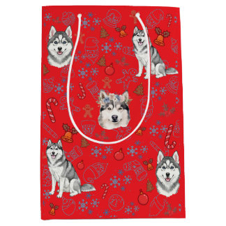 Sacola Para Presentes Média Cute Husky Dog Christmas Winter Seamless Pattern 