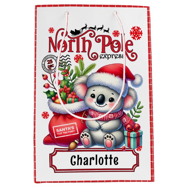 Sacola Para Presentes Média Cute Koala Chirstmas Nome Personalizado (Frente)