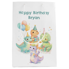 Sacola Para Presentes Média Cute Pastel Watercolor Dinosaurs Birthday