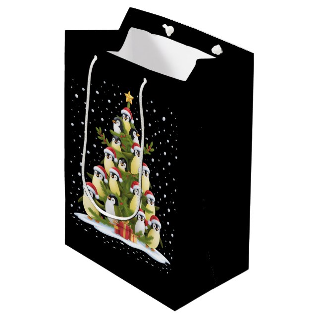 Sacola Para Presentes Média Cute Penguin Christmas Tree Funny Holiday (Frente inclinada)