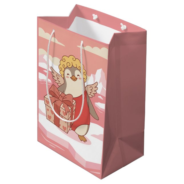 Sacola Para Presentes Média Cute Penguin Cupid Galentine Gift Bag (Verso inclinado)