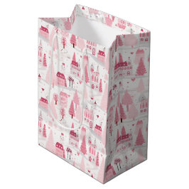 Sacola Para Presentes Média Cute Pink Christmas Village Snowy Day 