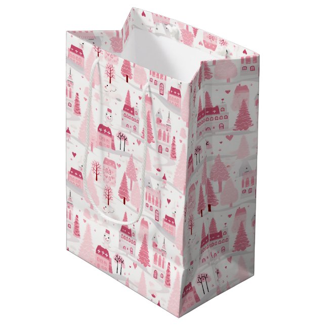 Sacola Para Presentes Média Cute Pink Christmas Village Snowy Day  (Frente inclinada)