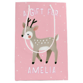 Sacola Para Presentes Média Cute Pink Reindeer Kid`s Name Christmas 