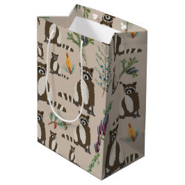 Sacola Para Presentes Média Cute Raccoon em Pine Forest Pattern