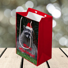Sacola Para Presentes Média Cute Raccoon Vestindo Feriado Vermelho Santa Hat