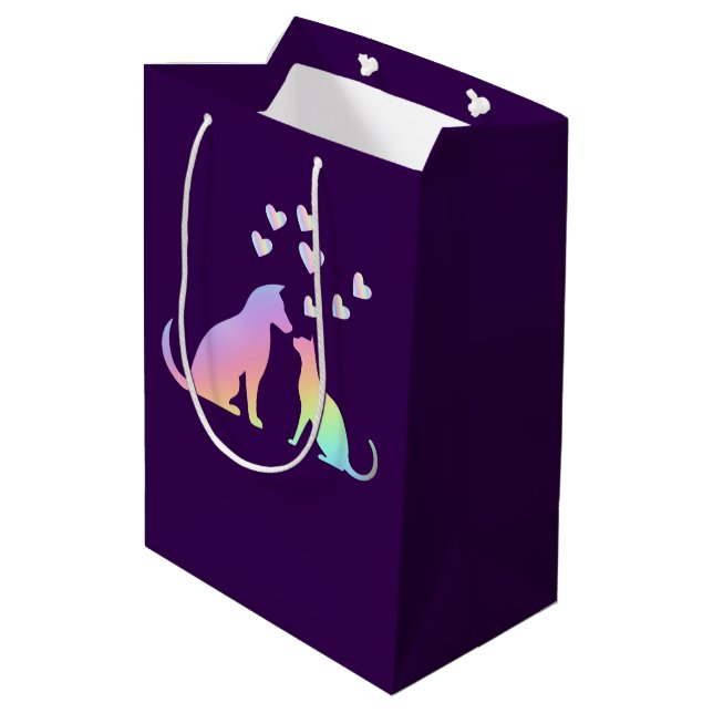 Sacola Para Presentes Média Cute Rainbow Cat and Dog Silhouette Love Purple To (Verso inclinado)