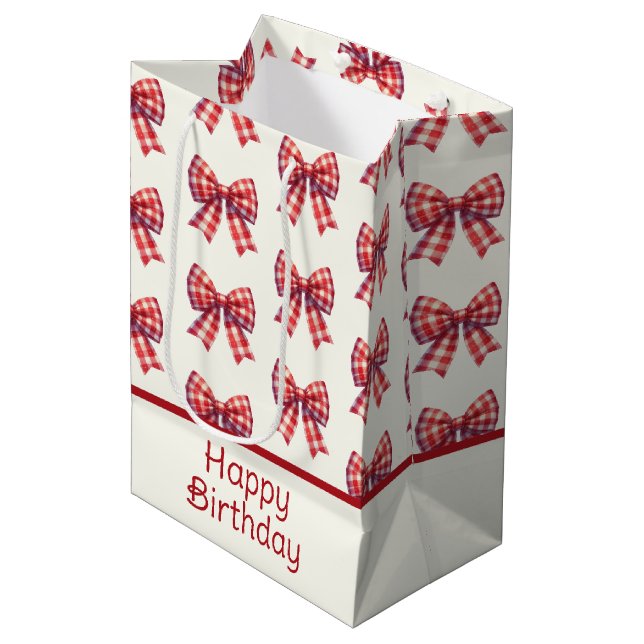 Sacola Para Presentes Média Cute Red and Cream Gingham Bow (Frente inclinada)