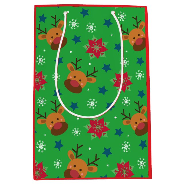 Sacola Para Presentes Média Cute Reindeer & Snowflake Christmas  (Frente)