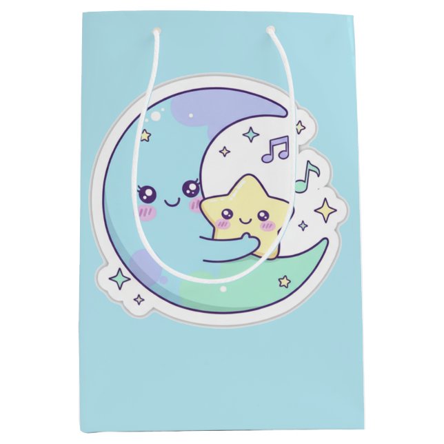 Sacola Para Presentes Média Cute Sleeping Moon & Stars Baby Blue Ramadan Gift  (Frente)