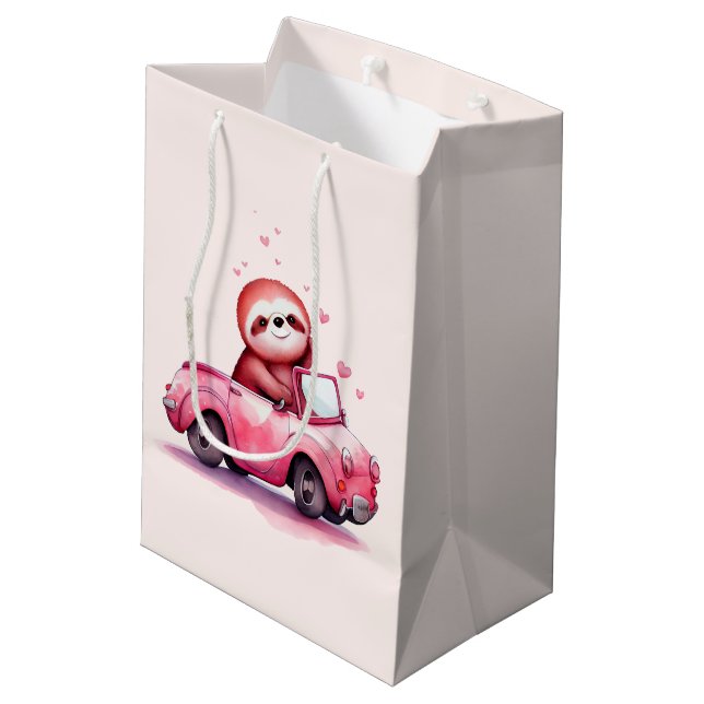 Sacola Para Presentes Média Cute Sloth Driving a Pink Convertible (Verso inclinado)