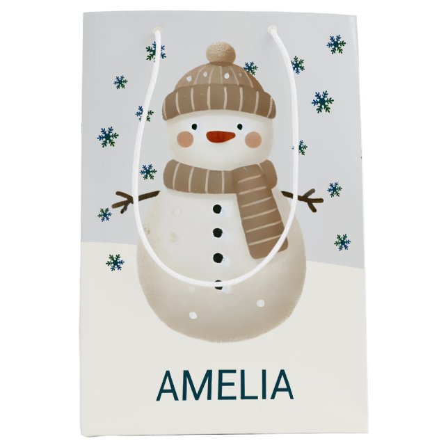 Sacola Para Presentes Média Cute Snowman Snowflakes Drawing Christmas Name (Frente)