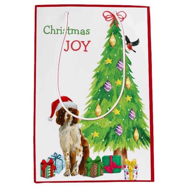 Sacola Para Presentes Média Cute Springer Spaniel Santa Hat e Árvore de Natal (Frente)