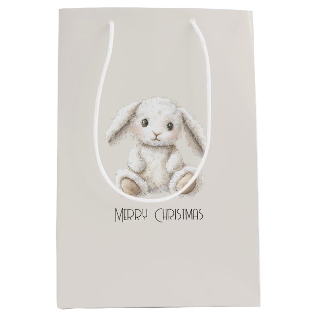 Sacola Para Presentes Média Cute Sweet Cream White Bunny Christmas (Frente)