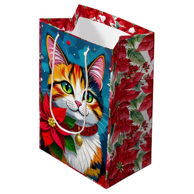 Sacola Para Presentes Média Cute Tabby Cat and Poinsettia Christmas (Frente inclinada)