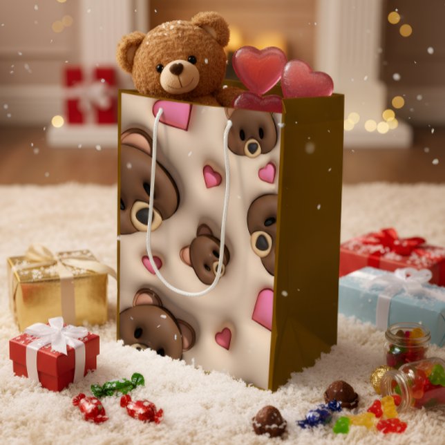 Sacola Para Presentes Média Cute Teddy Bear & Hearts Gift Bag (Criador carregado)