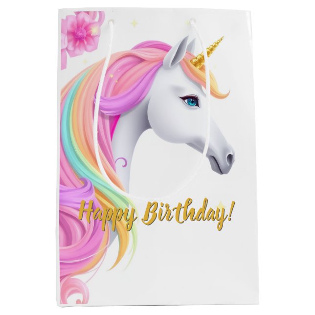 Sacola Para Presentes Média Cute Unicorn Birthday Gift Bag (Frente)
