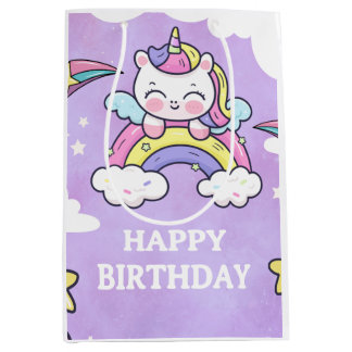 Sacola Para Presentes Média Cute Unicorn Rainbow Birthday Invitation  Medium G