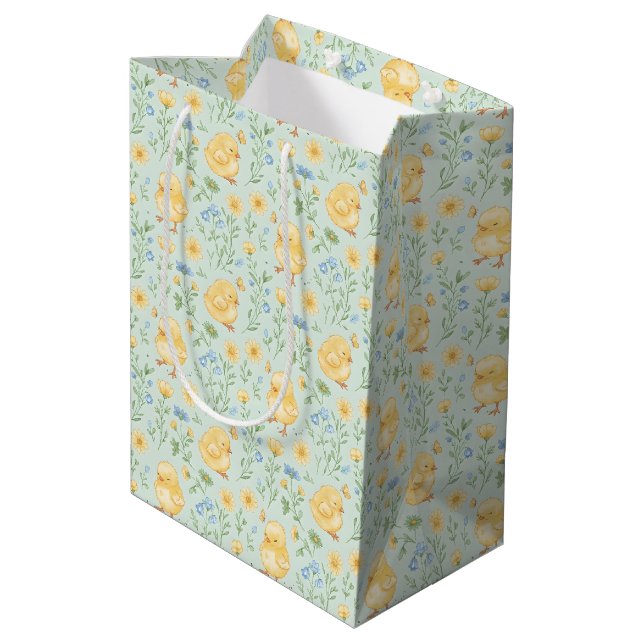Sacola Para Presentes Média Cute Yellow Chicks and Flowers Pattern (Verso inclinado)