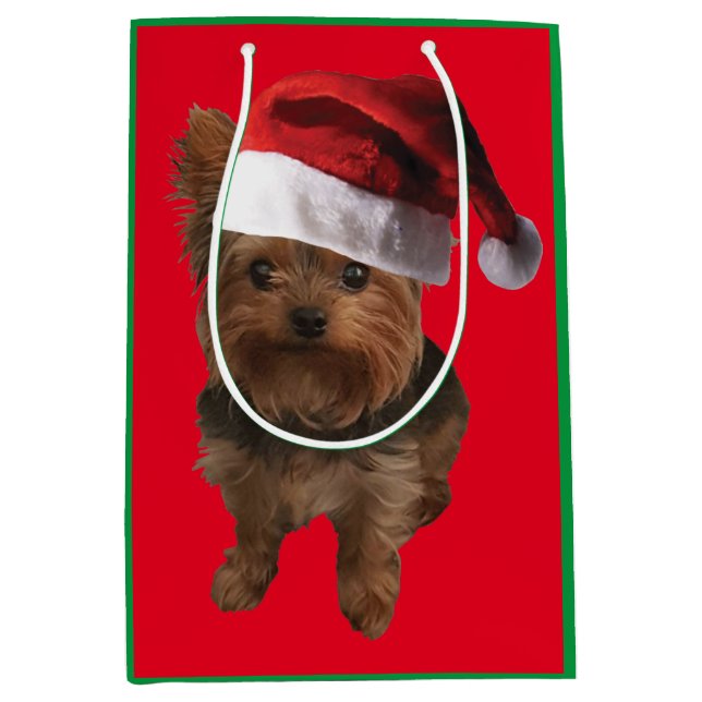 Sacola Para Presentes Média Cute Yorkie Puppy Vestindo um chapéu de Papai Noel (Frente)