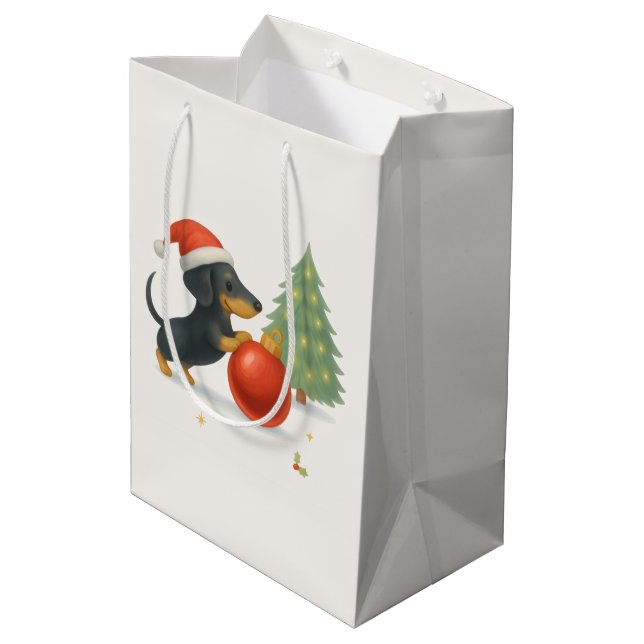 Sacola Para Presentes Média Dachshund Christmas Gift Bag (Marfim) (Verso inclinado)