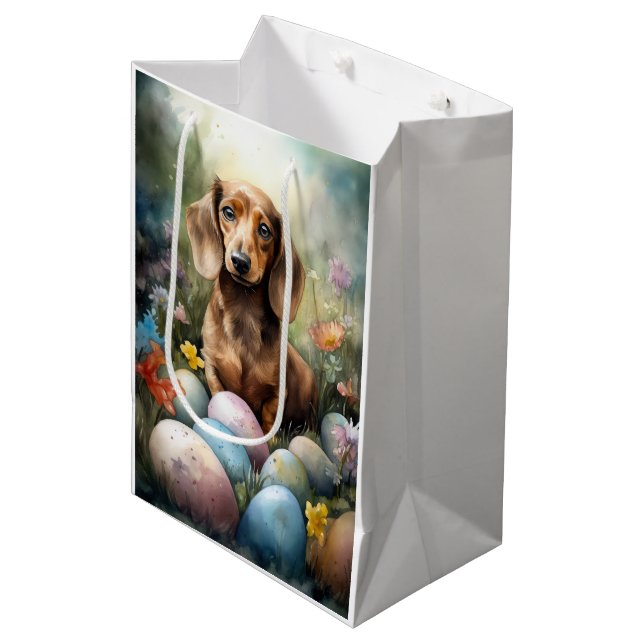 Sacola Para Presentes Média Dachshund com Ovos de Páscoa (Frente inclinada)