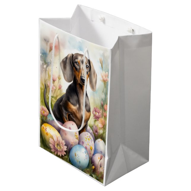 Sacola Para Presentes Média Dachshund com Ovos de Páscoa (Frente inclinada)