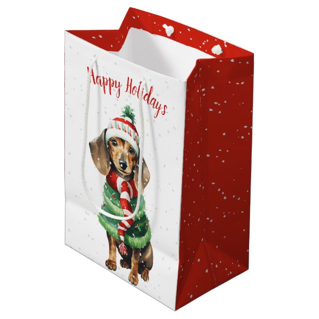 Sacola Para Presentes Média Dachshund De Natal Em Flocos De Neve (Frente inclinada)