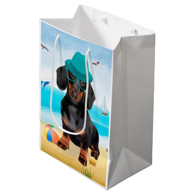 Sacola Para Presentes Média Dachshund Dog em Beach (Frente inclinada)