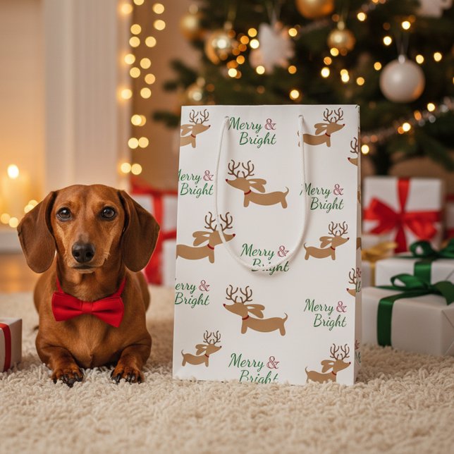Sacola Para Presentes Média Dachshund Reindeer Feliz de presente de Natal Doxi (Wiener dog Christmas gift bag - Merry & Bright)