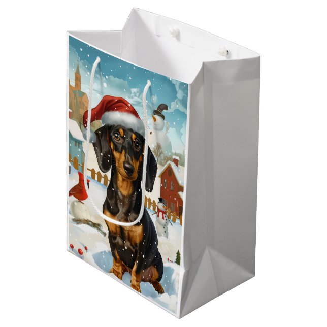 Sacola Para Presentes Média Dachshund Winter Wonderland Natal Joy (Frente inclinada)