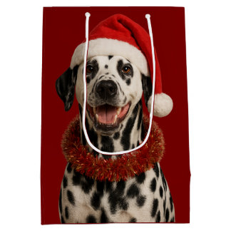 Sacola Para Presentes Média Dálmata com um chapéu de Papai Noel saco de presen