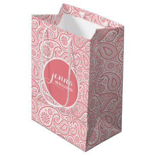 Sacola Para Presentes Média Damascos de paisley de vinheta rosa e branca