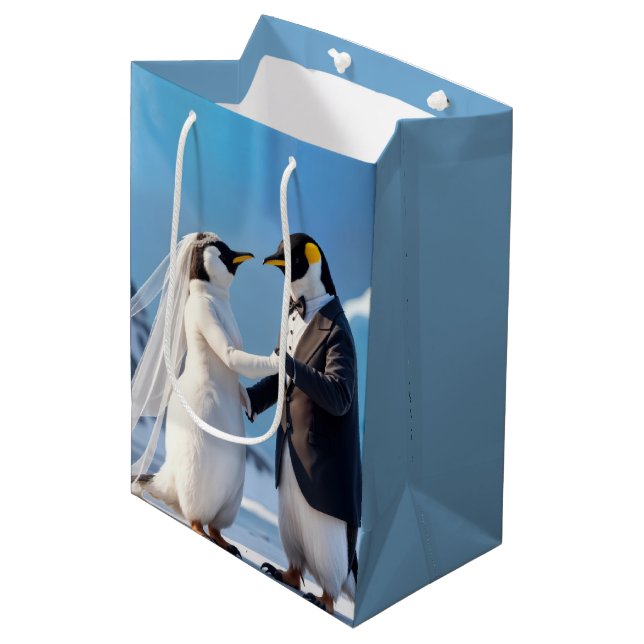 Sacola Para Presentes Média Dancing Bride and Groom Penguins (Frente inclinada)