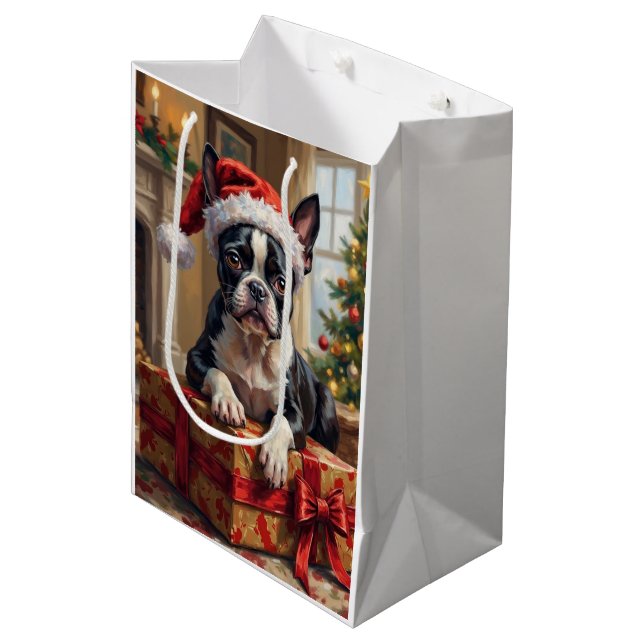 Sacola Para Presentes Média Dapper Boston Terrier Dog Christmas Gift (Frente inclinada)