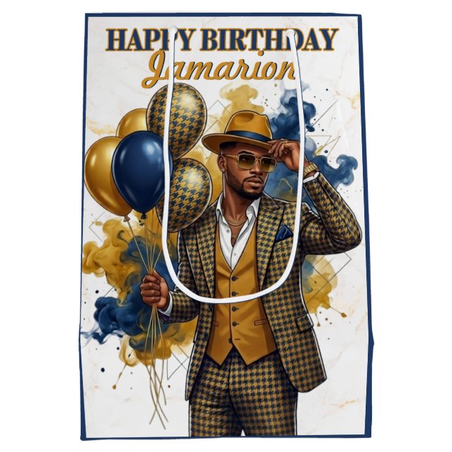 Sacola Para Presentes Média Dapper Gentleman Mustard and Navy Birthday (Verso)