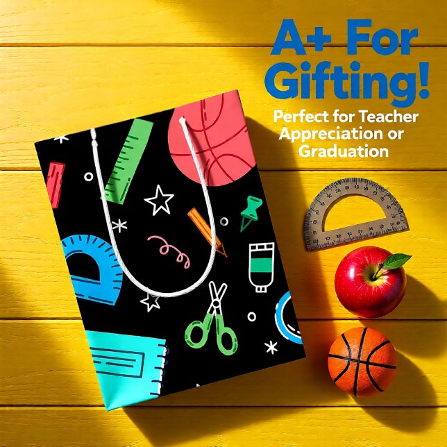 Sacola Para Presentes Média De volta à escola, mantimentos negros e meio saco  (Colorful School Supplies Doodle Back-to-School Medium Gift Bag)