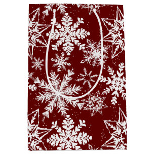 Sacola Para Presentes Média Deep Red Winter Wonderland Snowflake Padrão