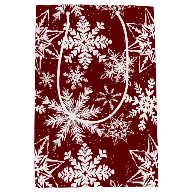 Sacola Para Presentes Média Deep Red Winter Wonderland Snowflake Padrão (Frente)
