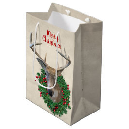 Sacola Para Presentes Média Deer and Christmas Wreath