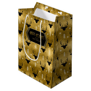 Sacola Para Presentes Média Deer Antlers Arrows Padrão de Natal Dourado ID861