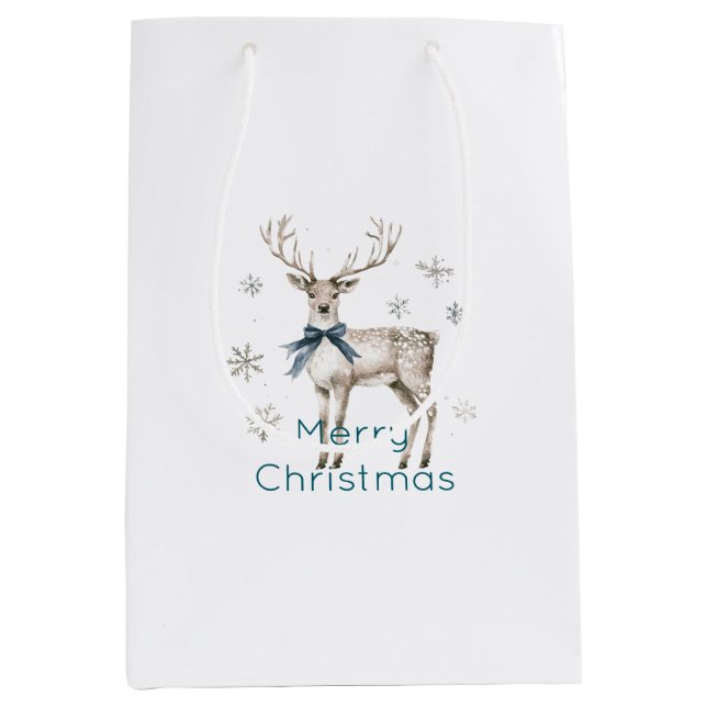 Sacola Para Presentes Média Deer Blue Bow Snowflakes Christmas (Frente)