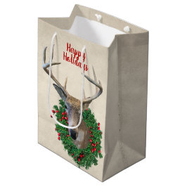 Sacola Para Presentes Média Deer In Christmas Wreath