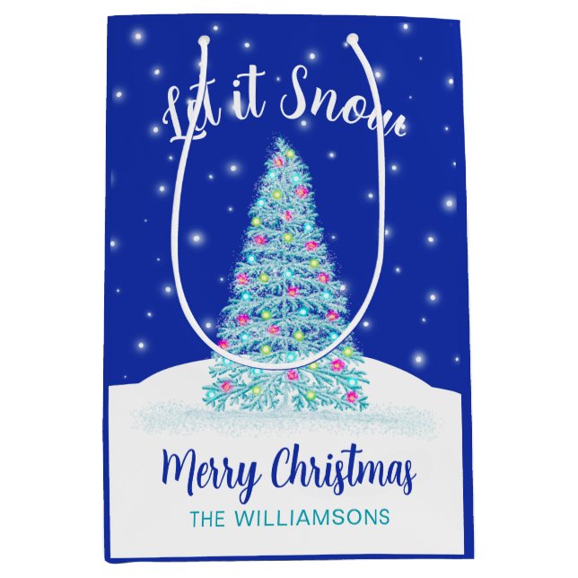 Sacola Para Presentes Média Deixe-o nevar Feriado de Árvore de Natal Azul (Frente)