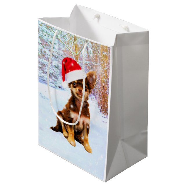 Sacola Para Presentes Média Deixe-o nevar Natal Chihuahua Dog (Frente inclinada)