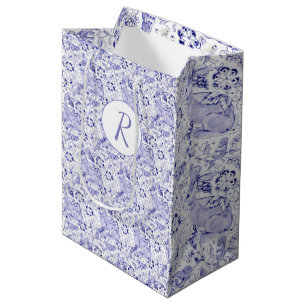 Sacola Para Presentes Média Delft Blue & White Rabbit Birds Monograma de Pásc