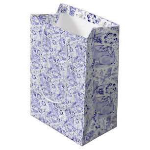 Sacola Para Presentes Média Delft Blue & White Rabbit Birds Páscoa elegante