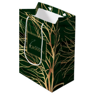 Sacola Para Presentes Média Desenho de Árvore de outono Dourada Elegante